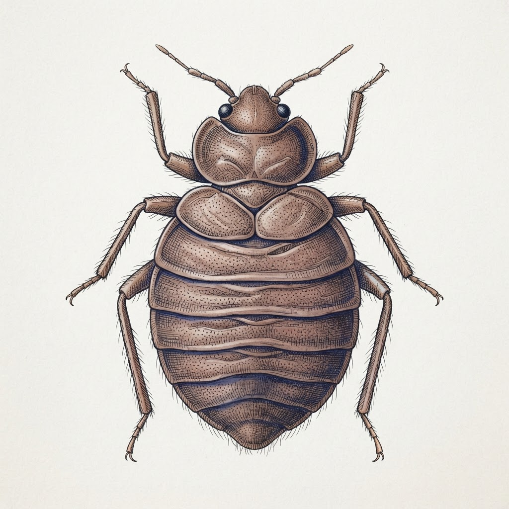 Planche naturaliste : punaise de lit (Cimex lectularius) dessinée de dessus
