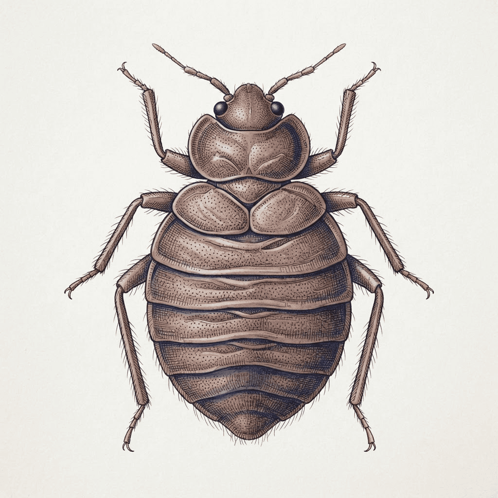Planche naturaliste : punaise de lit (Cimex lectularius) dessinée de dessus