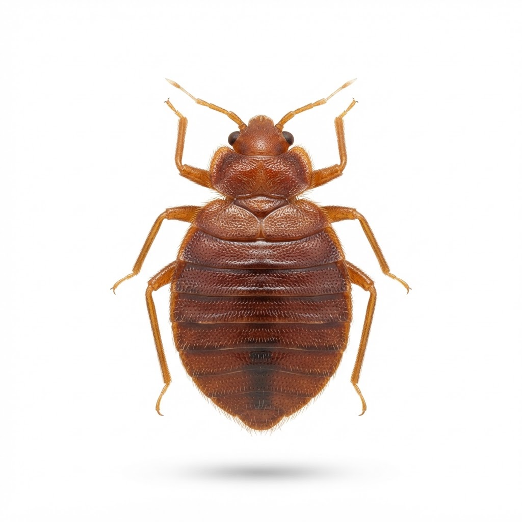 Planche naturaliste réaliste d’une punaise de lit vue de dessus, style gravure entomologiste.