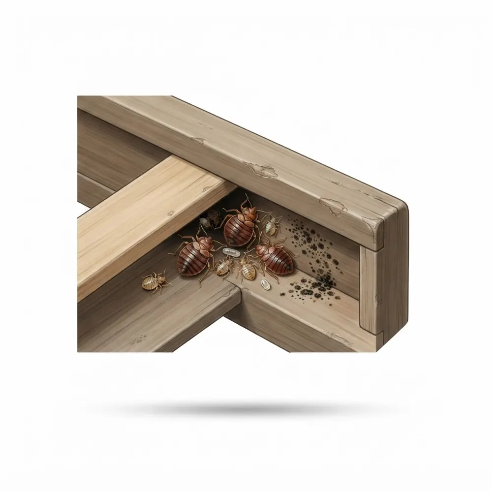 Punaises de lit et taches sombres dans l’assemblage en bois d’un cadre de lit