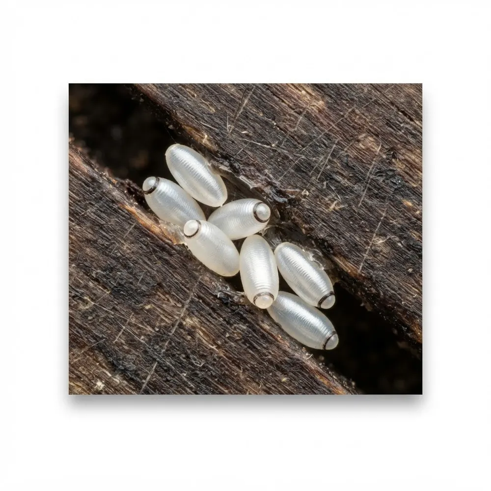 Œufs de punaise de lit, minuscules grains blanc nacré groupés dans une fente
