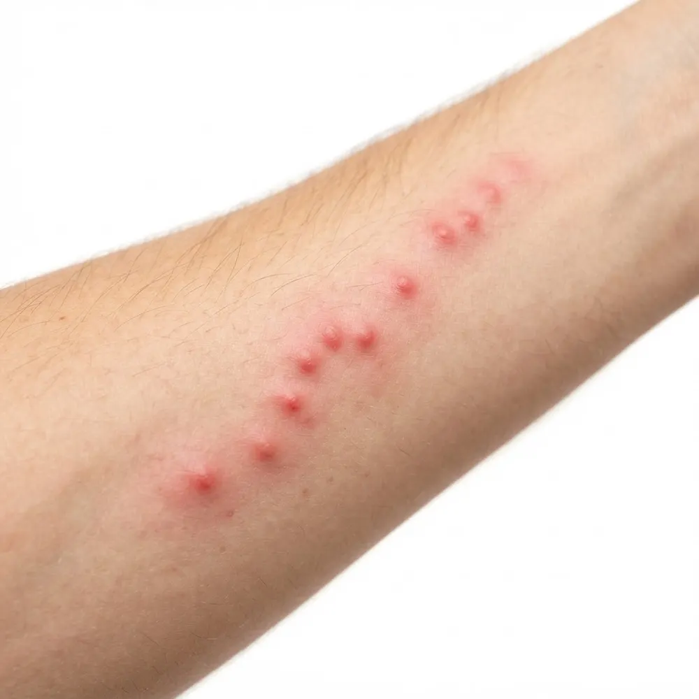 Piqûres de punaises de lit sur un avant-bras, petits boutons rouges alignés en rangée